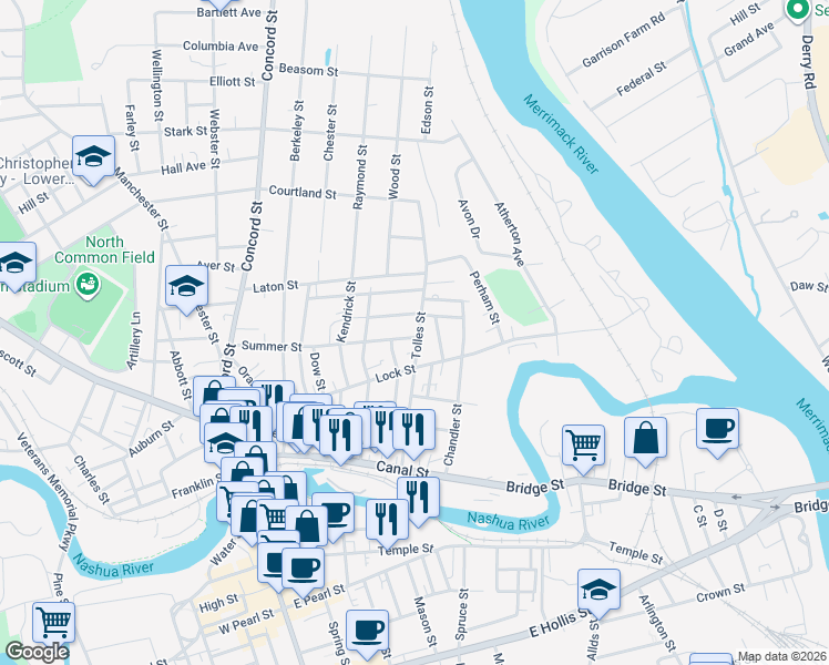 map of restaurants, bars, coffee shops, grocery stores, and more near 116 Tolles Street in Nashua