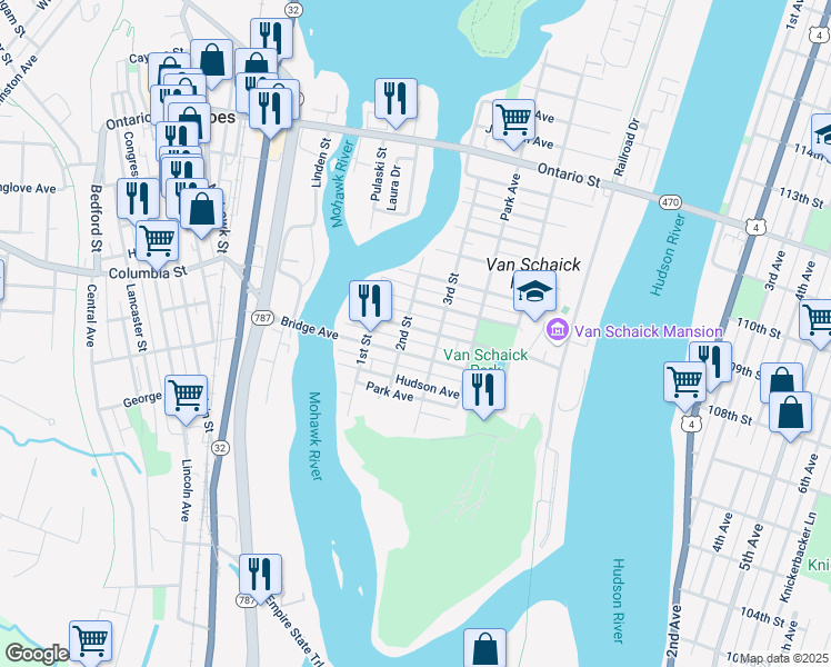 map of restaurants, bars, coffee shops, grocery stores, and more near 130 Van Schaick Avenue in Cohoes