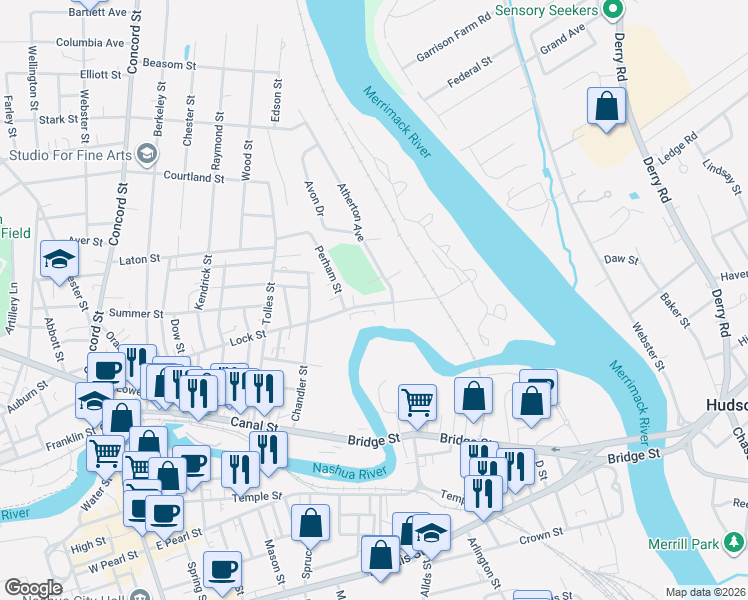 map of restaurants, bars, coffee shops, grocery stores, and more near 100 Lock Street in Nashua