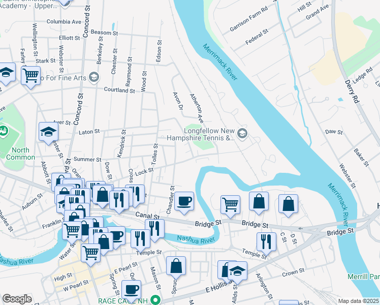 map of restaurants, bars, coffee shops, grocery stores, and more near 10 Perham Street in Nashua