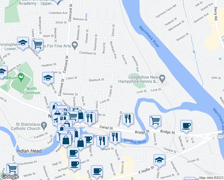 map of restaurants, bars, coffee shops, grocery stores, and more near 115 Tolles Street in Nashua