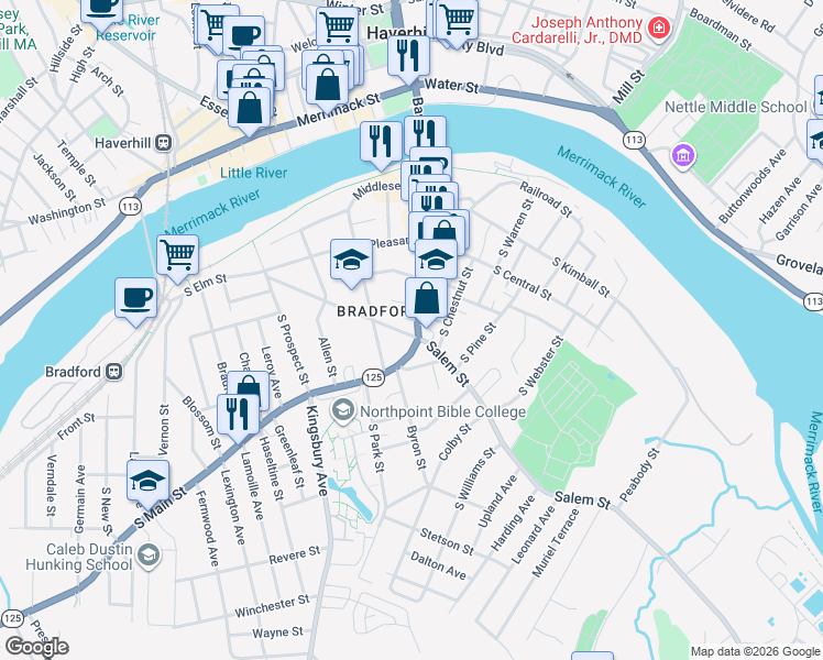 map of restaurants, bars, coffee shops, grocery stores, and more near 2 Salem Street in Haverhill
