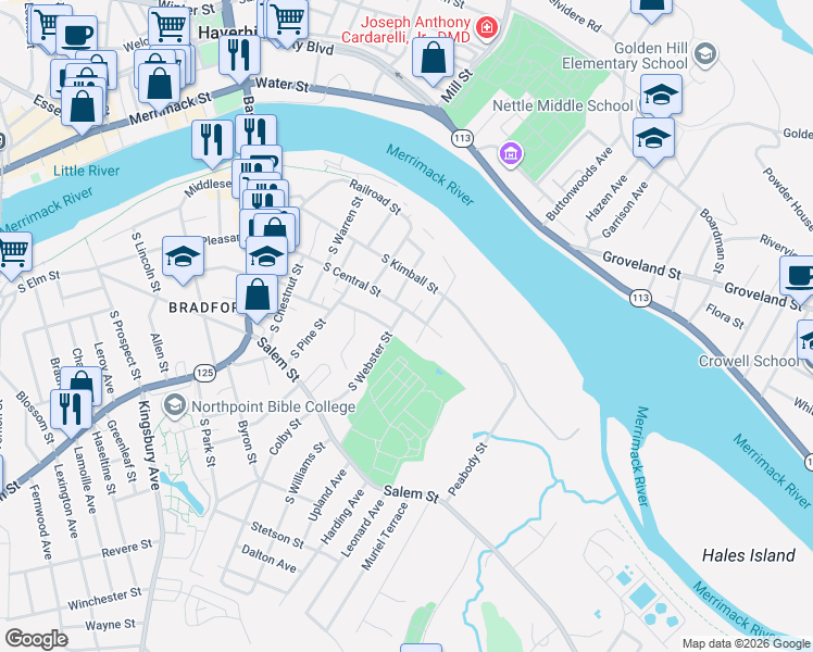 map of restaurants, bars, coffee shops, grocery stores, and more near 71 South Central Street in Haverhill