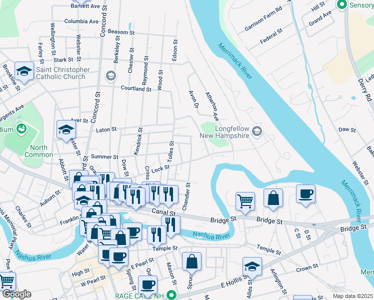 map of restaurants, bars, coffee shops, grocery stores, and more near 94 Chandler Street in Nashua