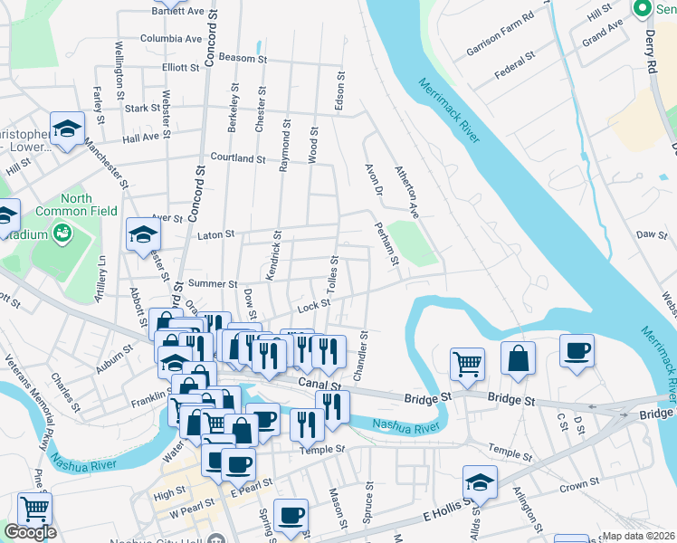 map of restaurants, bars, coffee shops, grocery stores, and more near 116 Tolles Street in Nashua