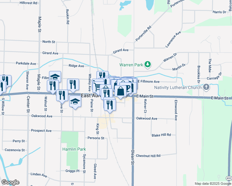 map of restaurants, bars, coffee shops, grocery stores, and more near 650 Main Street in East Aurora