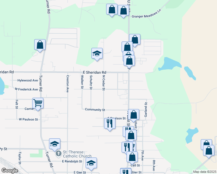 map of restaurants, bars, coffee shops, grocery stores, and more near 507 East Frederick Avenue in Lansing