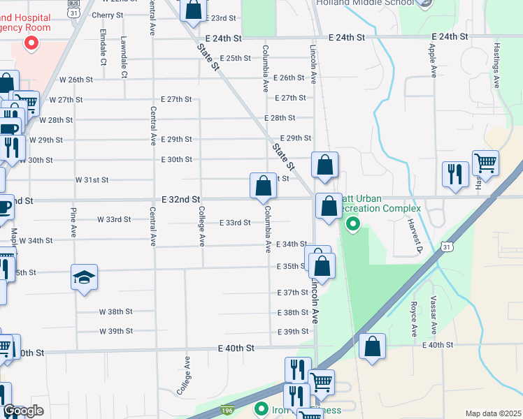 map of restaurants, bars, coffee shops, grocery stores, and more near 780 Columbia Avenue in Holland