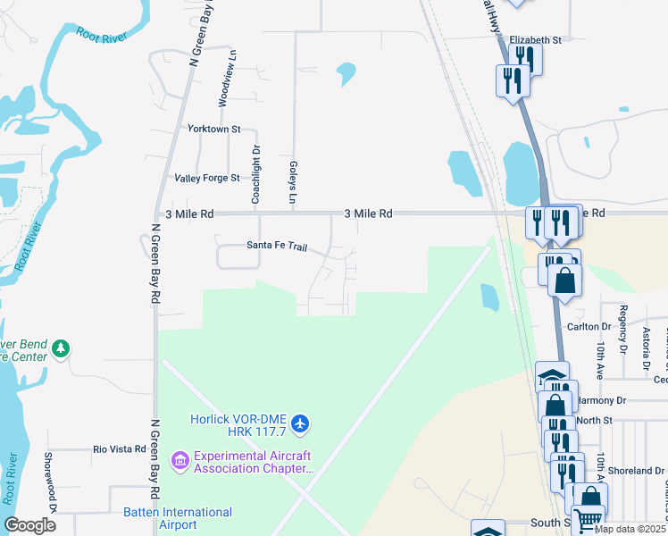 map of restaurants, bars, coffee shops, grocery stores, and more near 2725 Santa Fe Trail in Racine