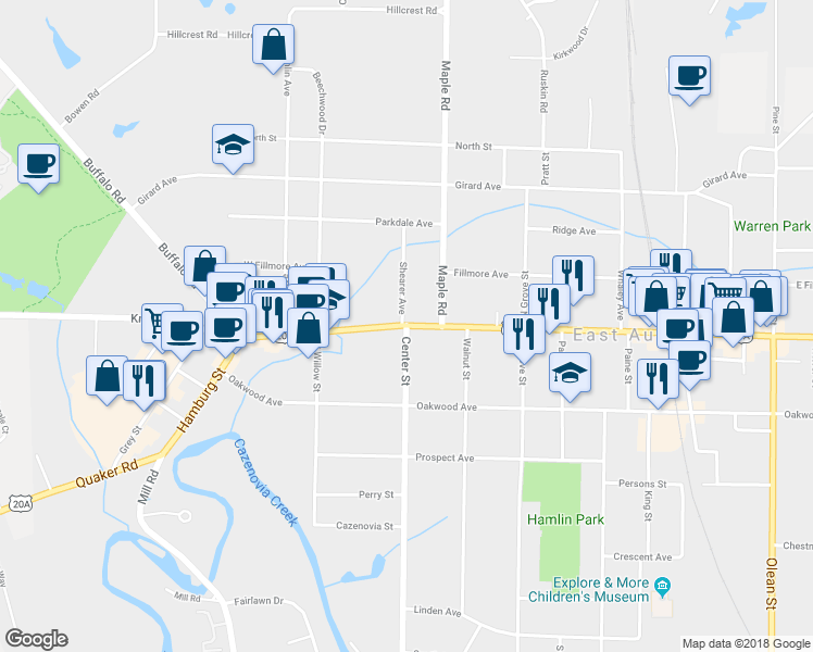 map of restaurants, bars, coffee shops, grocery stores, and more near Main Street & Center Street in East Aurora