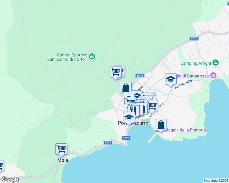 map of restaurants, bars, coffee shops, grocery stores, and more near 13 Viale Europa in Porto Azzurro