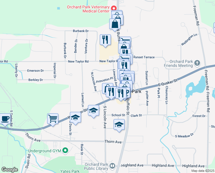 map of restaurants, bars, coffee shops, grocery stores, and more near 38 Harvard Pl in Orchard Park