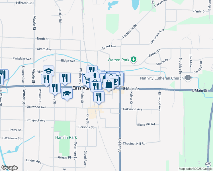 map of restaurants, bars, coffee shops, grocery stores, and more near 650 Main Street in East Aurora