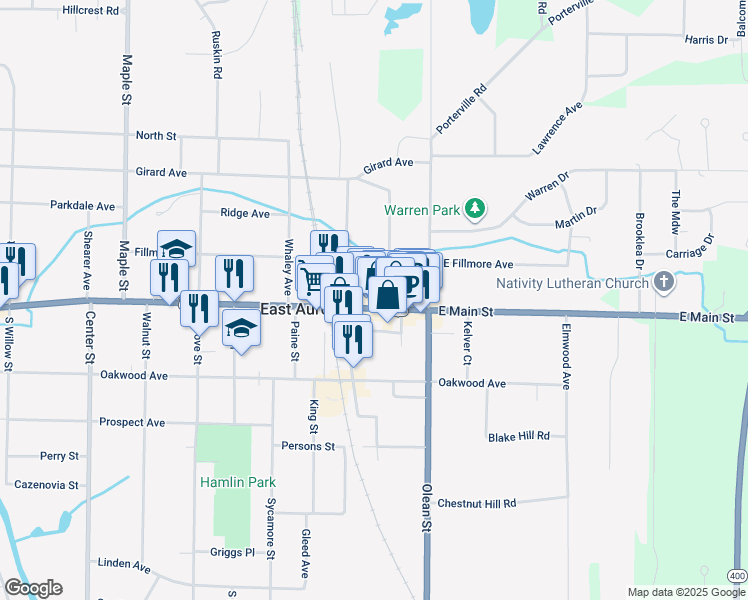 map of restaurants, bars, coffee shops, grocery stores, and more near 652 Main Street in East Aurora
