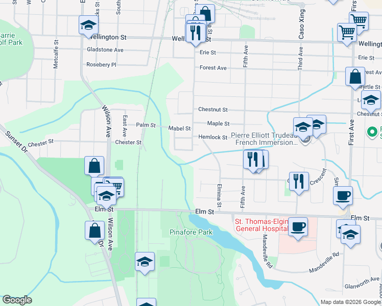 map of restaurants, bars, coffee shops, grocery stores, and more near 2 Opechee Street in St. Thomas