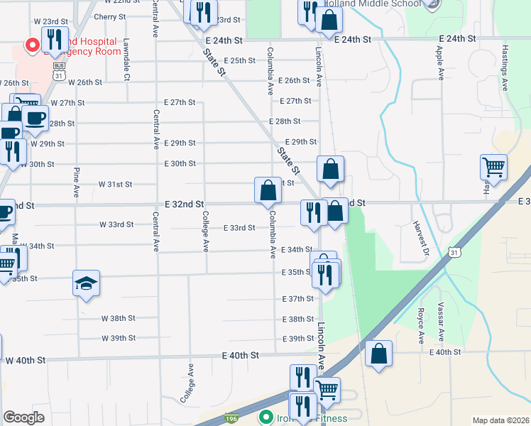 map of restaurants, bars, coffee shops, grocery stores, and more near 780 Columbia Avenue in Holland