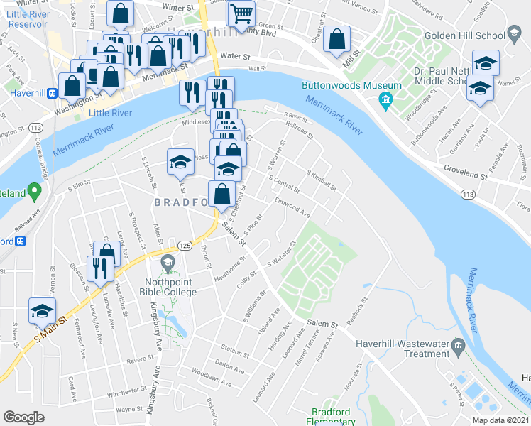 map of restaurants, bars, coffee shops, grocery stores, and more near 32 South Pine Street in Haverhill