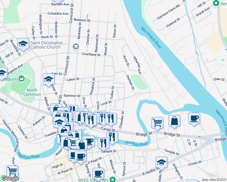 map of restaurants, bars, coffee shops, grocery stores, and more near 119 Tolles Street in Nashua