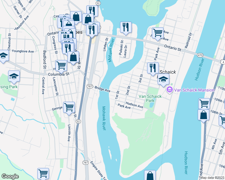 map of restaurants, bars, coffee shops, grocery stores, and more near 171 Bridge Avenue in Cohoes