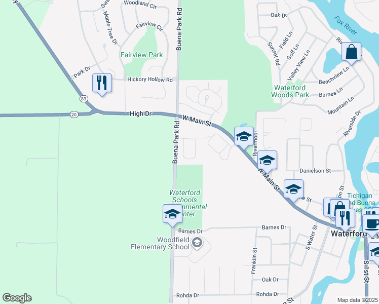 map of restaurants, bars, coffee shops, grocery stores, and more near 474 Woodfield Circle in Waterford