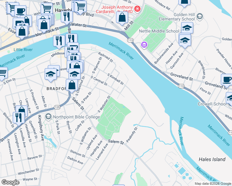 map of restaurants, bars, coffee shops, grocery stores, and more near 71 South Central Street in Haverhill