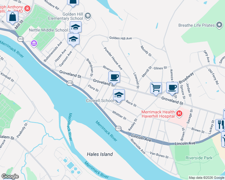 map of restaurants, bars, coffee shops, grocery stores, and more near 52 Haverhill Street in Haverhill