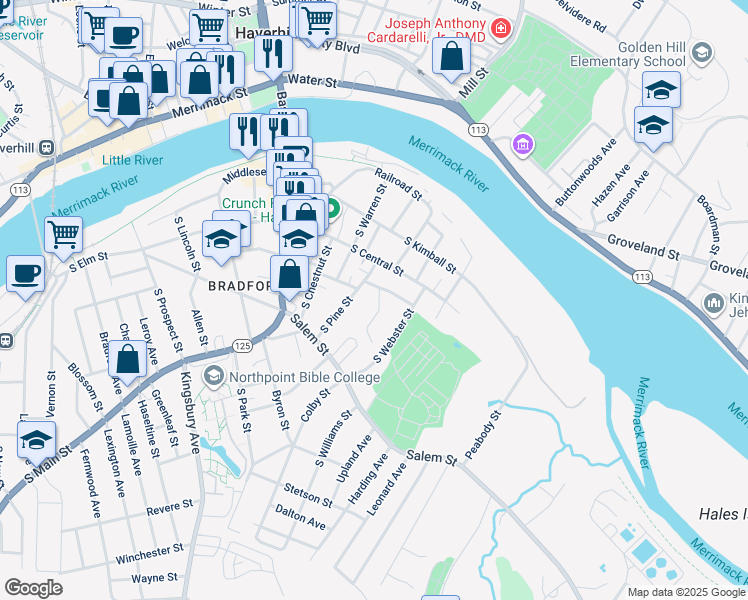 map of restaurants, bars, coffee shops, grocery stores, and more near 32 South Pine Street in Haverhill