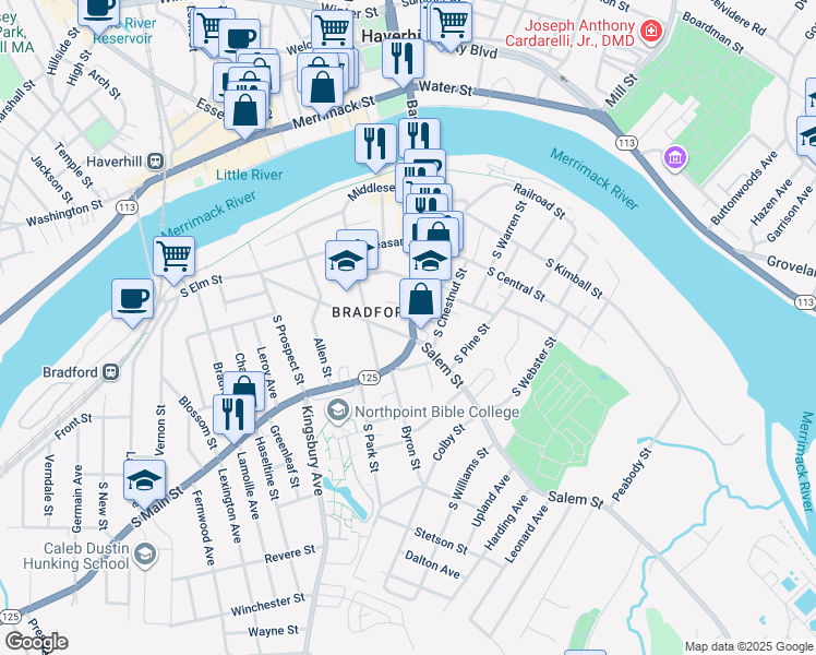 map of restaurants, bars, coffee shops, grocery stores, and more near 2 Salem Street in Haverhill
