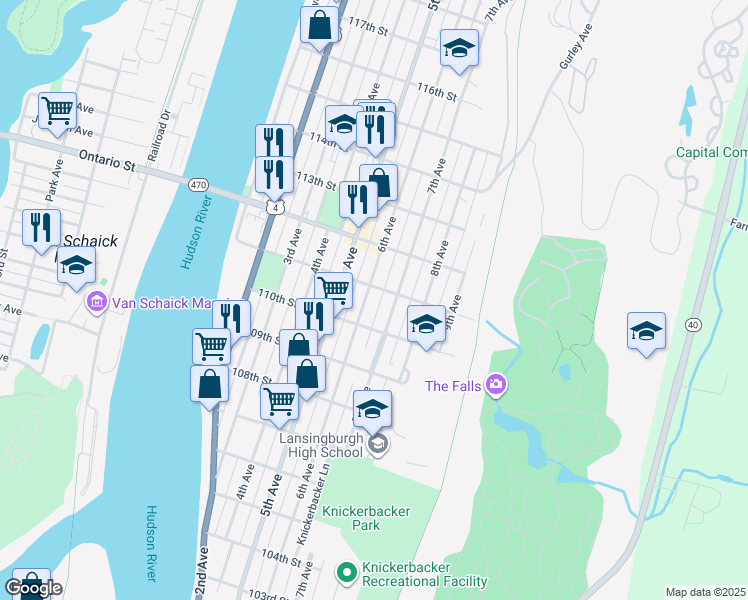 map of restaurants, bars, coffee shops, grocery stores, and more near 427 7th Avenue in Troy