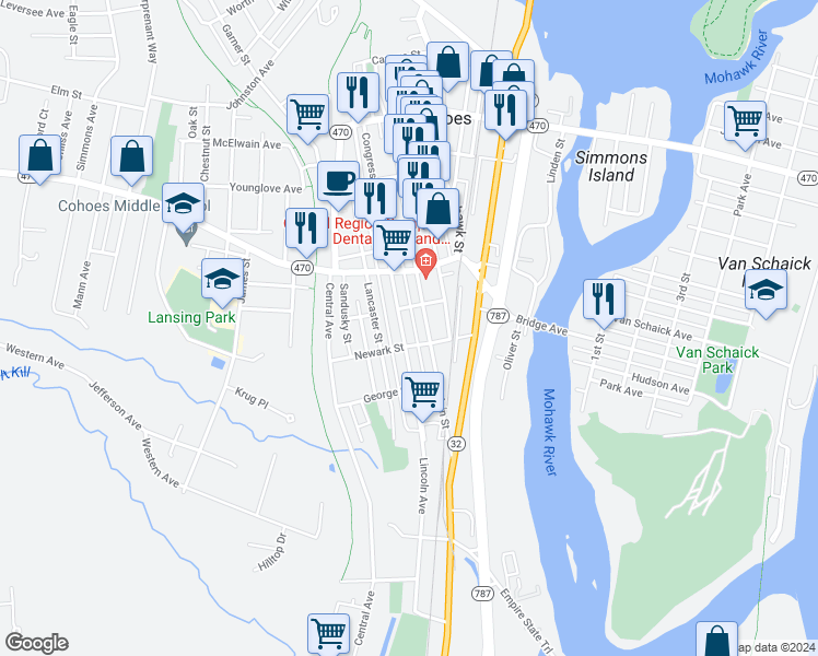map of restaurants, bars, coffee shops, grocery stores, and more near 145 Main Street in Cohoes