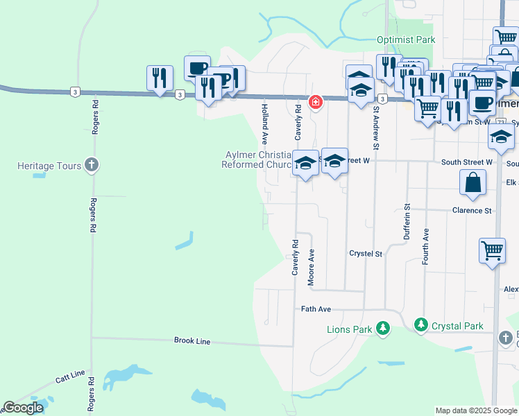map of restaurants, bars, coffee shops, grocery stores, and more near 11 Jane Street in Aylmer