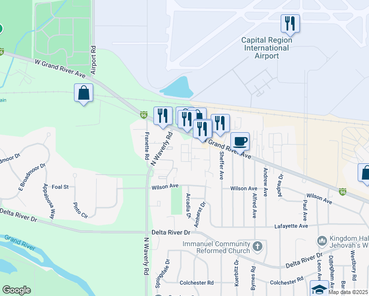 map of restaurants, bars, coffee shops, grocery stores, and more near 3524 North Waverly Road in Lansing