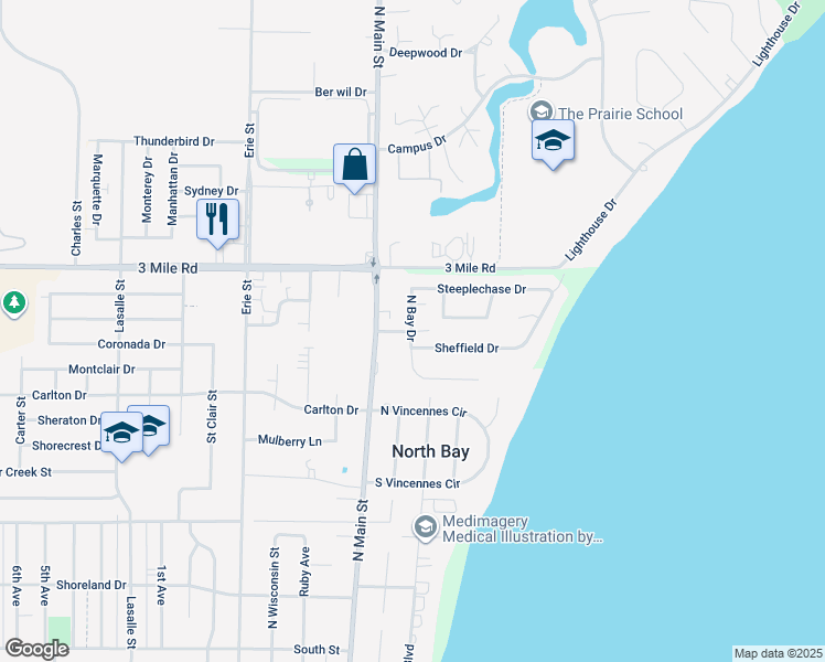 map of restaurants, bars, coffee shops, grocery stores, and more near 210 Sheffield Drive in Racine