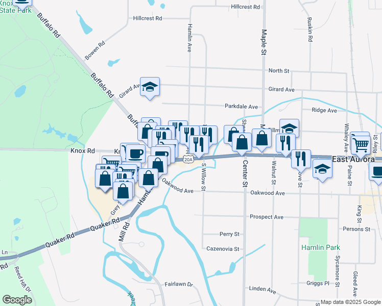 map of restaurants, bars, coffee shops, grocery stores, and more near 206 Main Street in East Aurora