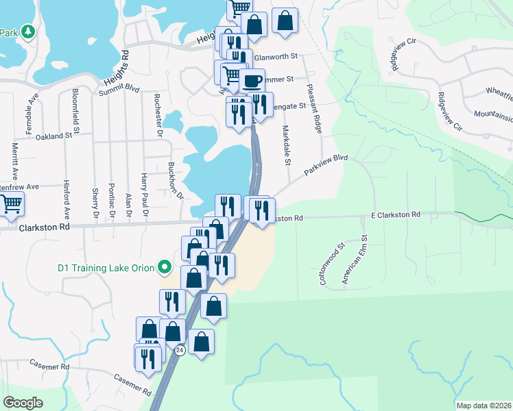 map of restaurants, bars, coffee shops, grocery stores, and more near 975 South Lapeer Road in Oakland County