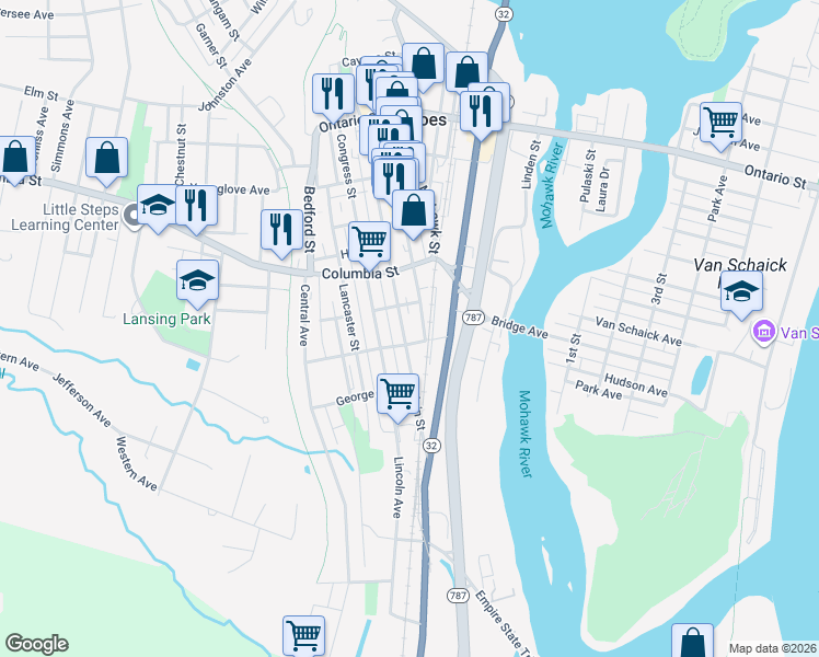 map of restaurants, bars, coffee shops, grocery stores, and more near 145 Main Street in Cohoes