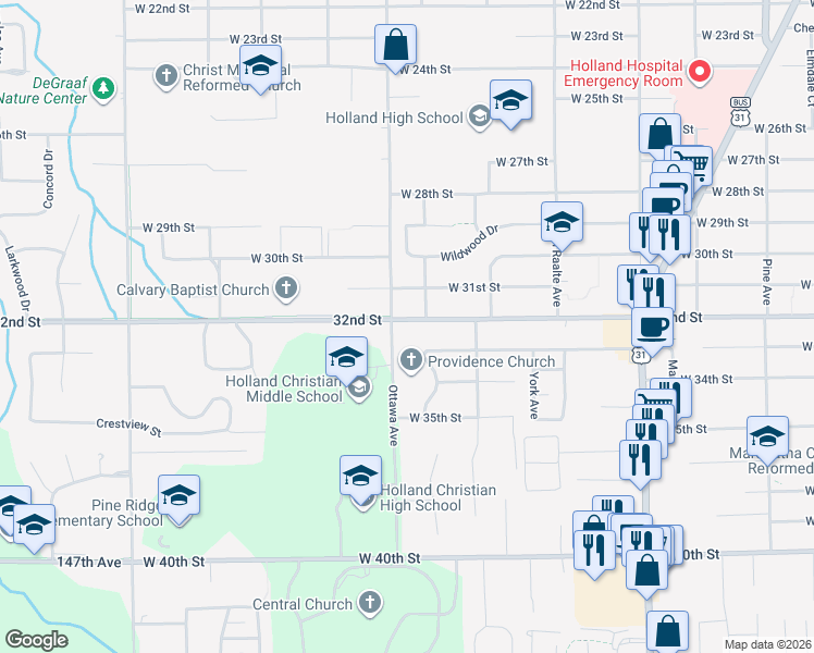 map of restaurants, bars, coffee shops, grocery stores, and more near 398 32nd Street in Holland
