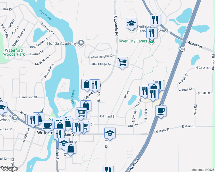 map of restaurants, bars, coffee shops, grocery stores, and more near 401 North Milwaukee Street in Waterford
