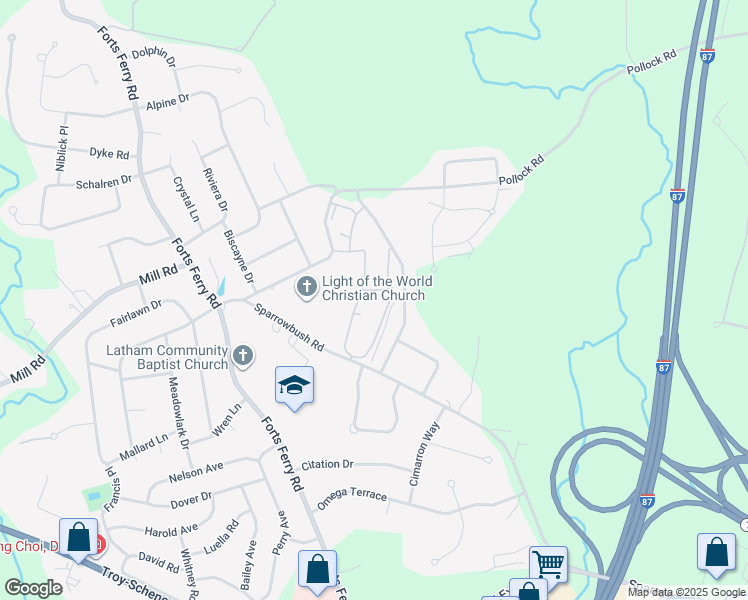 map of restaurants, bars, coffee shops, grocery stores, and more near 1 Rose Garden Court in Latham
