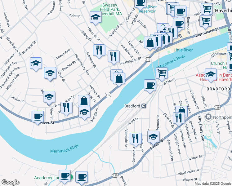 map of restaurants, bars, coffee shops, grocery stores, and more near 264 River Street in Haverhill