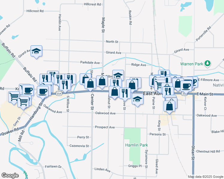 map of restaurants, bars, coffee shops, grocery stores, and more near 408 Main Street in East Aurora
