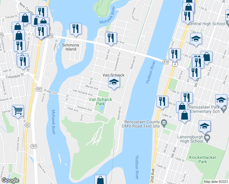 map of restaurants, bars, coffee shops, grocery stores, and more near 150 Continental Avenue in Cohoes