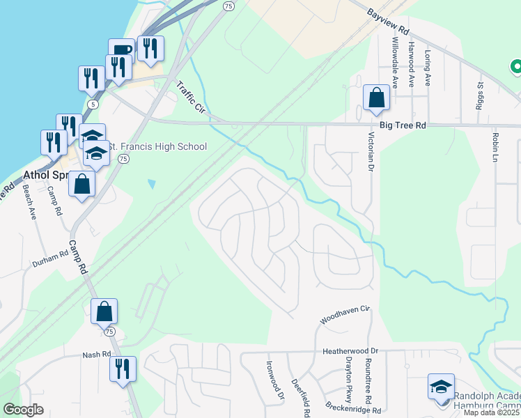map of restaurants, bars, coffee shops, grocery stores, and more near Waterview Parkway in Hamburg