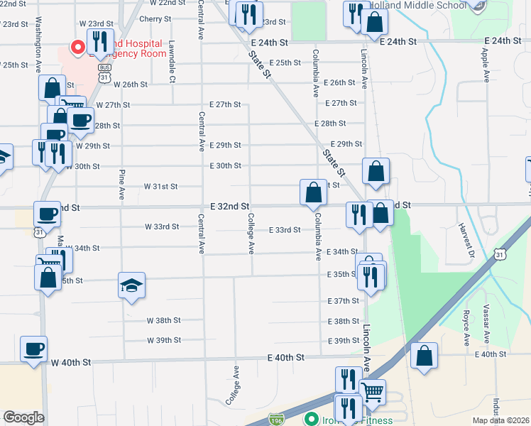 map of restaurants, bars, coffee shops, grocery stores, and more near 87 East 33rd Street in Holland