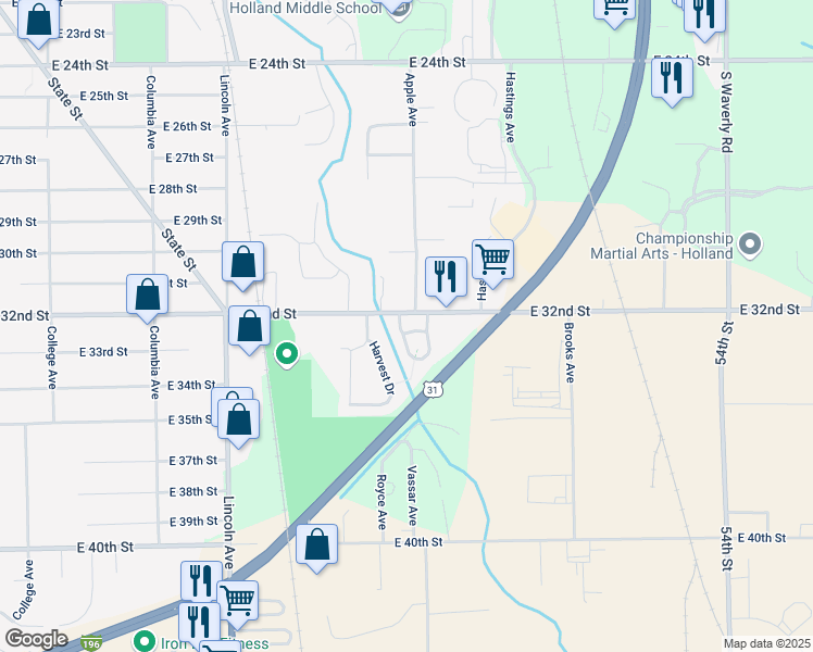 map of restaurants, bars, coffee shops, grocery stores, and more near 390 Holly Field Court in Holland