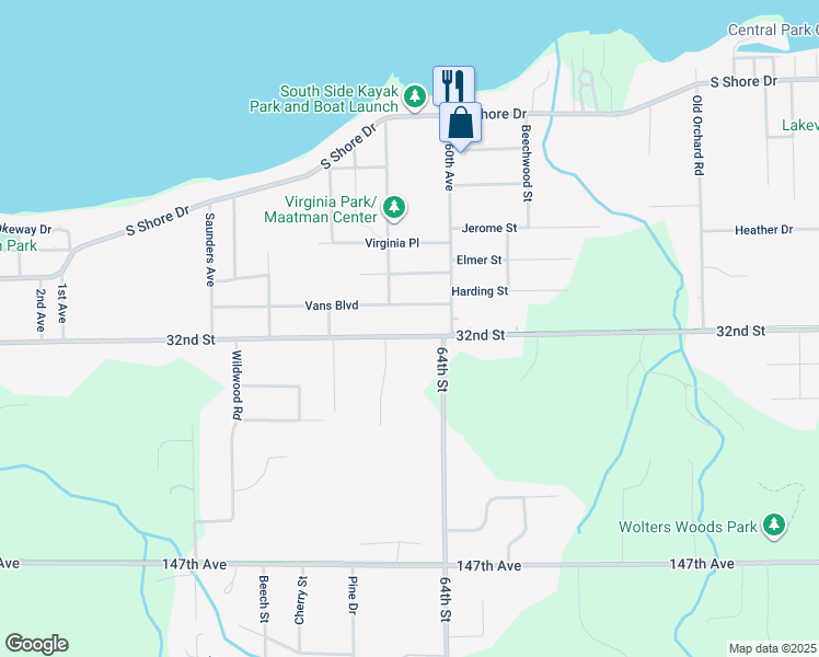 map of restaurants, bars, coffee shops, grocery stores, and more near 1683 32nd Street in Holland