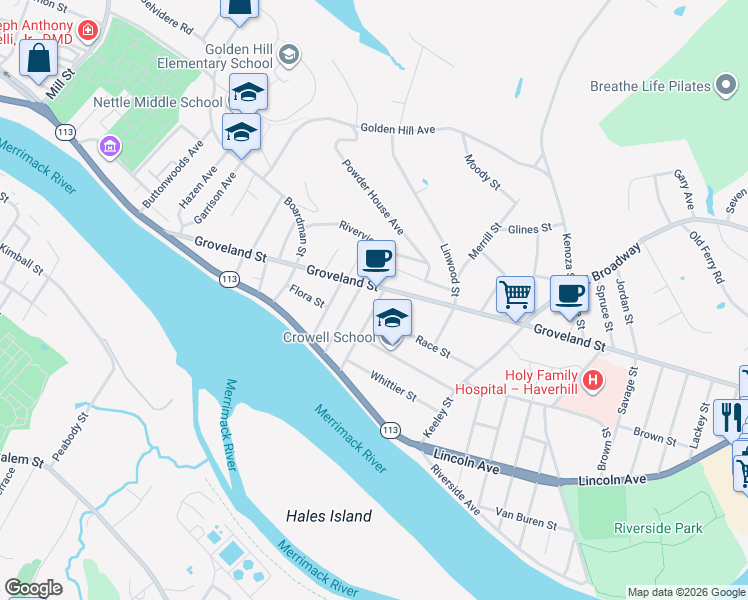 map of restaurants, bars, coffee shops, grocery stores, and more near 56 Haverhill Street in Haverhill