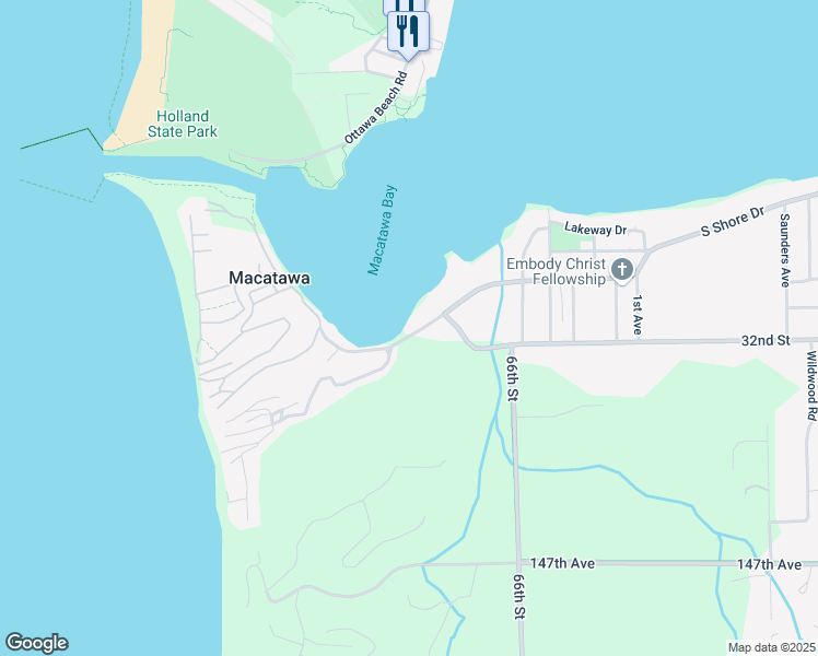 map of restaurants, bars, coffee shops, grocery stores, and more near 2225 South Shore Drive in Macatawa