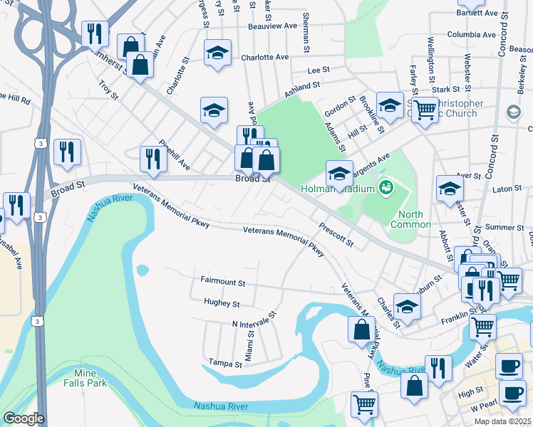 map of restaurants, bars, coffee shops, grocery stores, and more near 68 West Prescott Street in Nashua