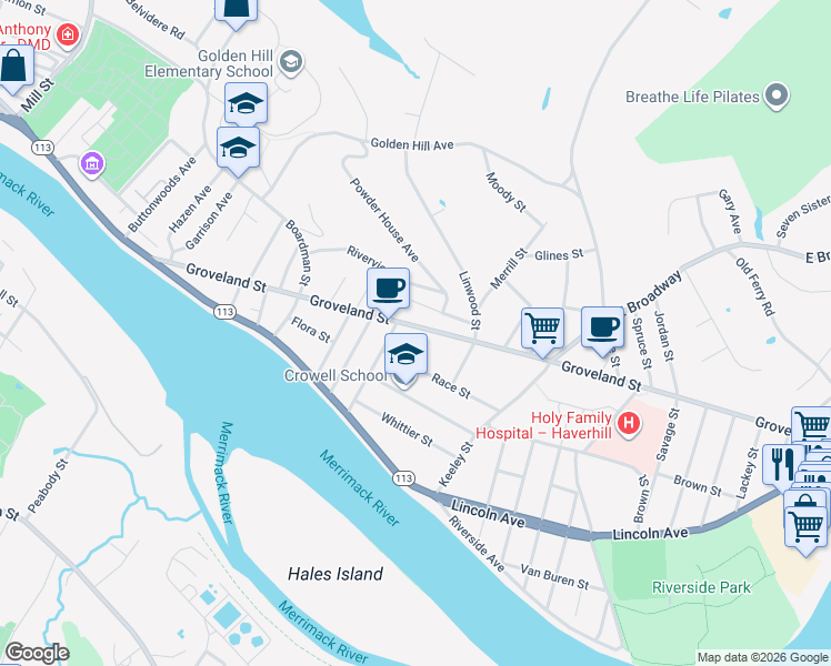 map of restaurants, bars, coffee shops, grocery stores, and more near 199 Groveland Street in Haverhill